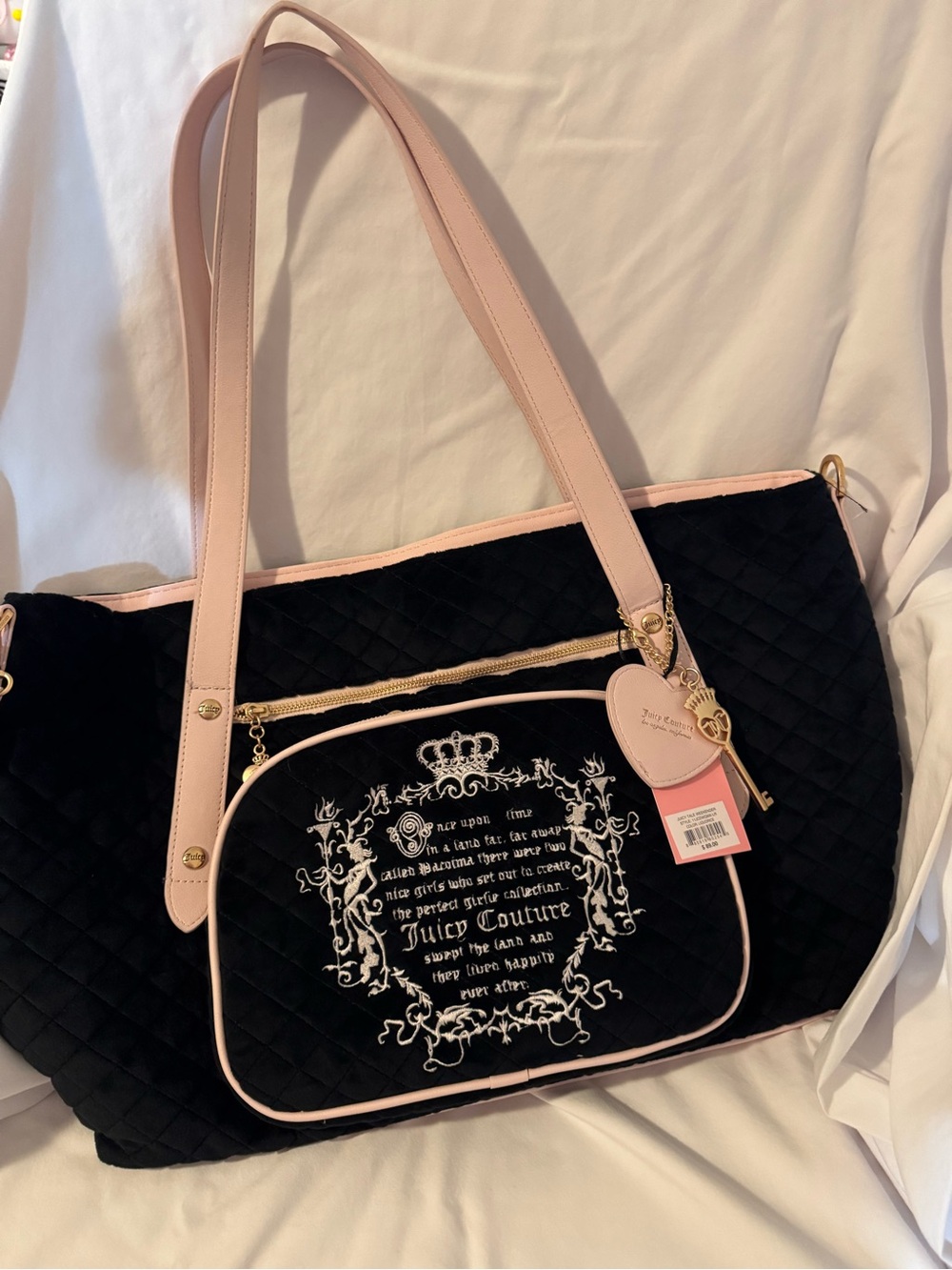 Juicy Couture Black Velour Overnight Tote with Pink Trim